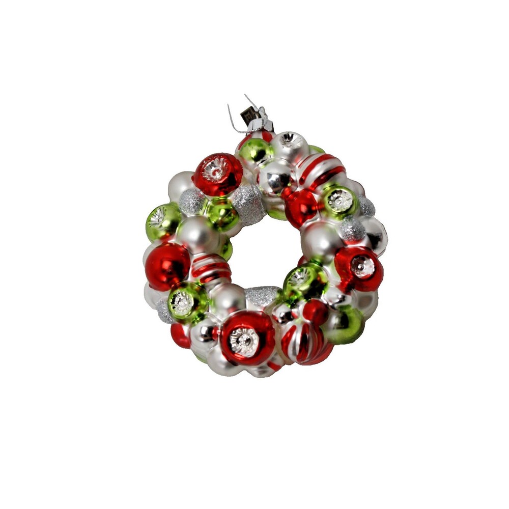 EC Christmas Handblown Glass Ornament Wreath Red Green & White 4"